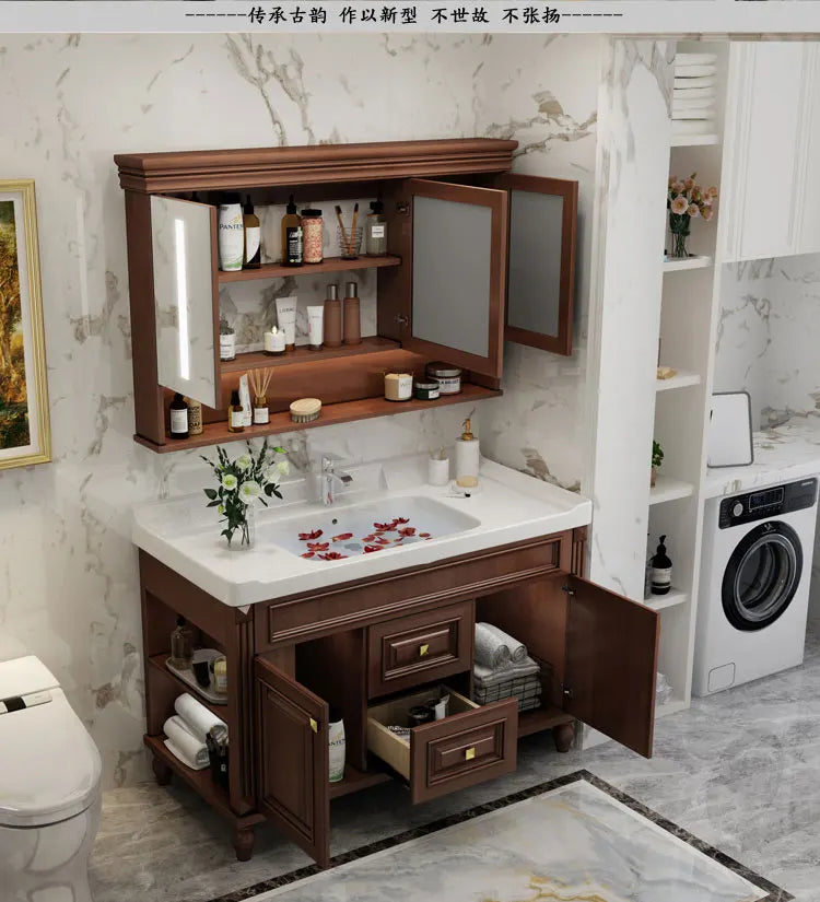 Solid Oak Bathroom Vanity with Ceramic Integrated Modern Smart Mirror