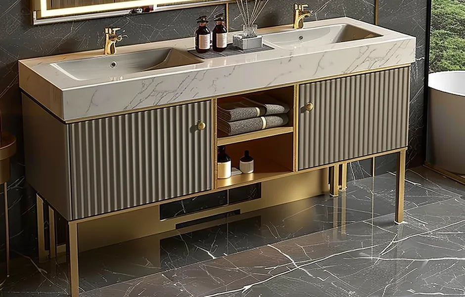 Luxury Double Basin Vanity with Stainless Steel Marble Countertop