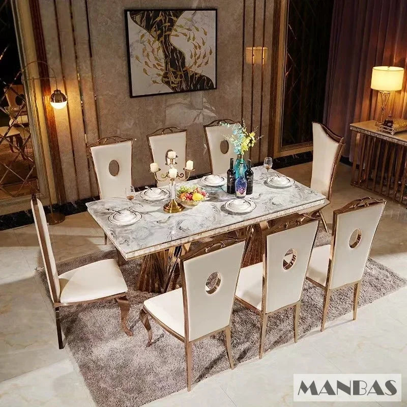 Luxury Dining Set: 6 Stainless Leather Chairs and Rectangle Marble Sea Shell Table