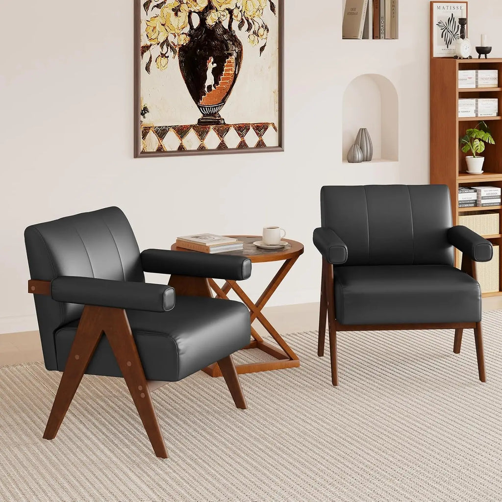 Mid Century Modern Black Leather Accent Chair Set Of 2 Comfy Reading Side Arm Chairs Wood Arms Living Room Bedroom,Customized
