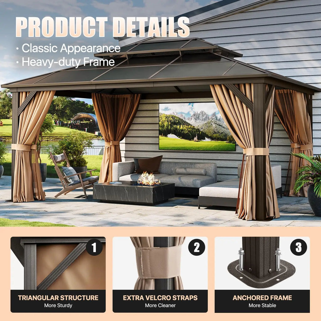 Hardtop Gazebo Double Roof Metal Frame Curtains & Netting