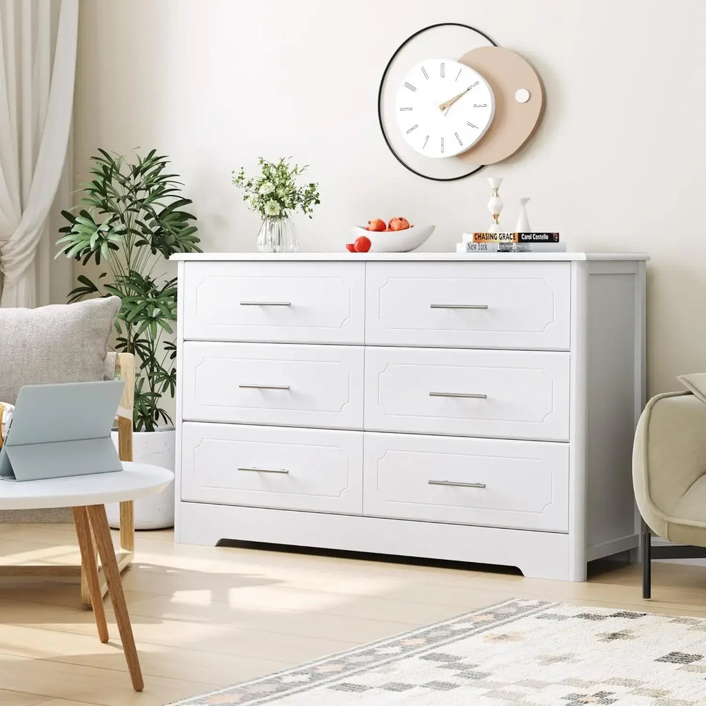 Furniture 6 Drawer Dresser, Modern White Wide Chest of Drawers with Metal Handels
