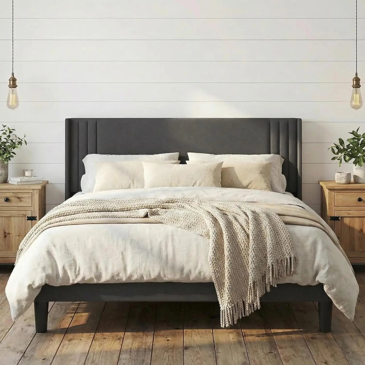 Queen Bed Frame with Wingback Headboard, Upholstered Platform Bed, Wooden Slats, Noise-Free, No Box Spring Needed,, Customized
