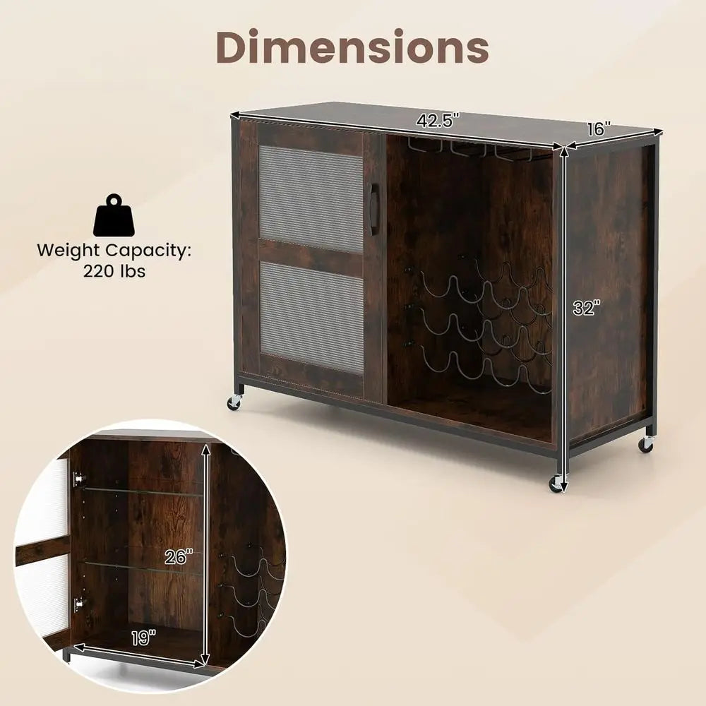 Wine Bar Cabinet with Wheels