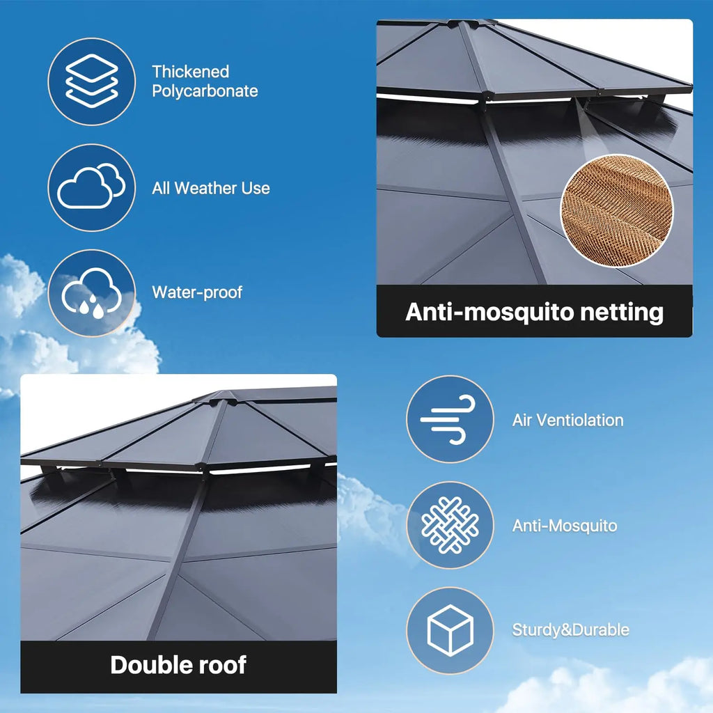 Hardtop Gazebo Double Roof Metal Frame Curtains & Netting