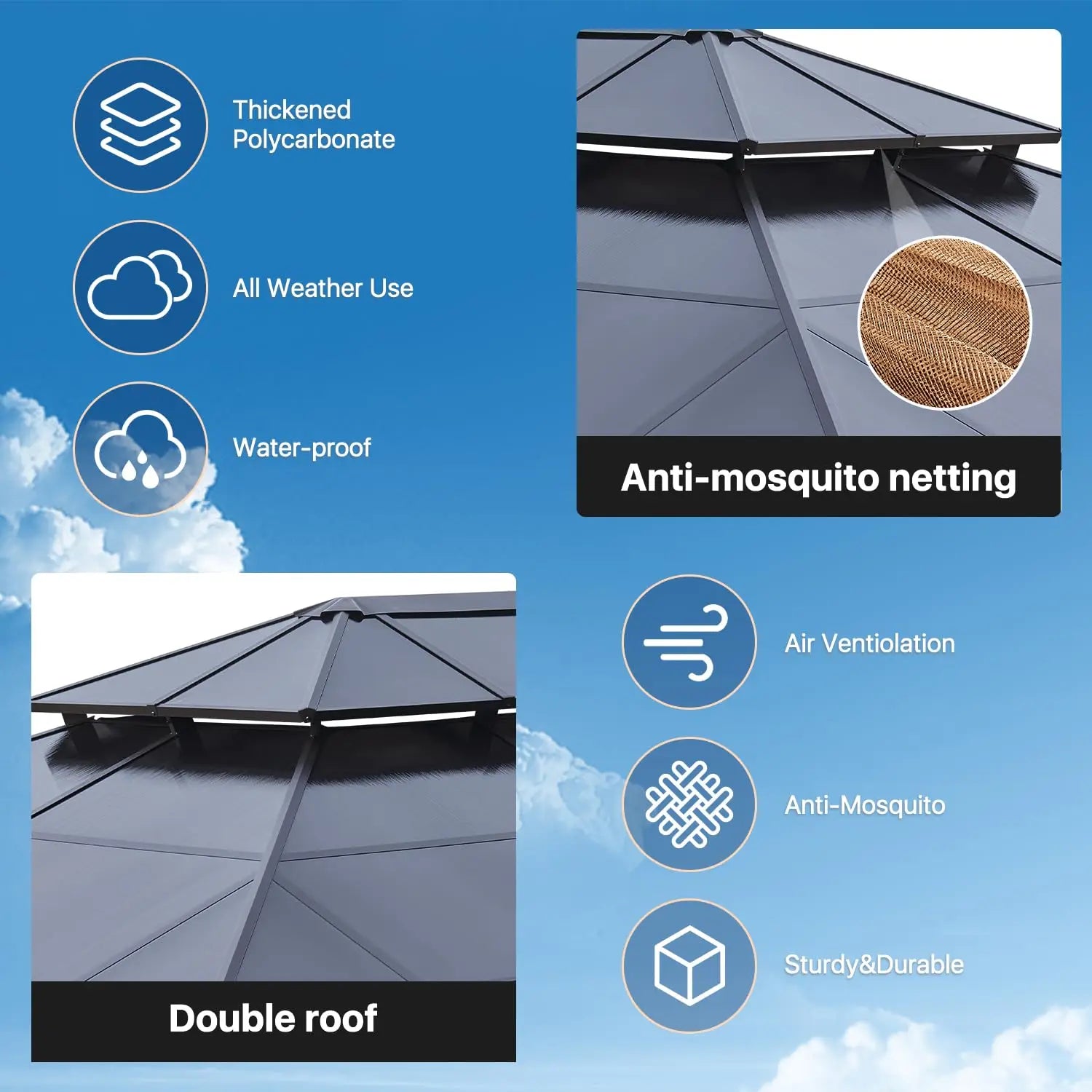 Hardtop Gazebo Double Roof Metal Frame Curtains & Netting