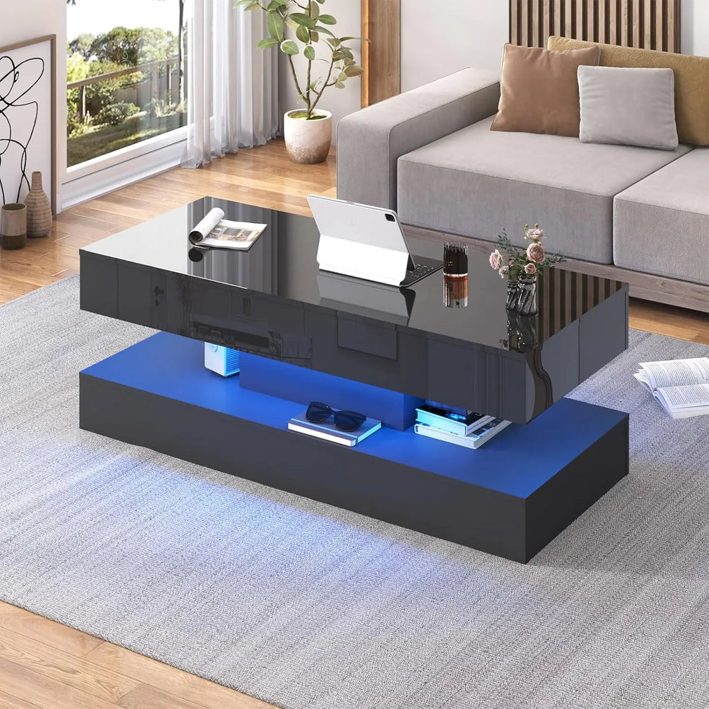 Modern Coffee Table, LED lights, Double-Layer Design