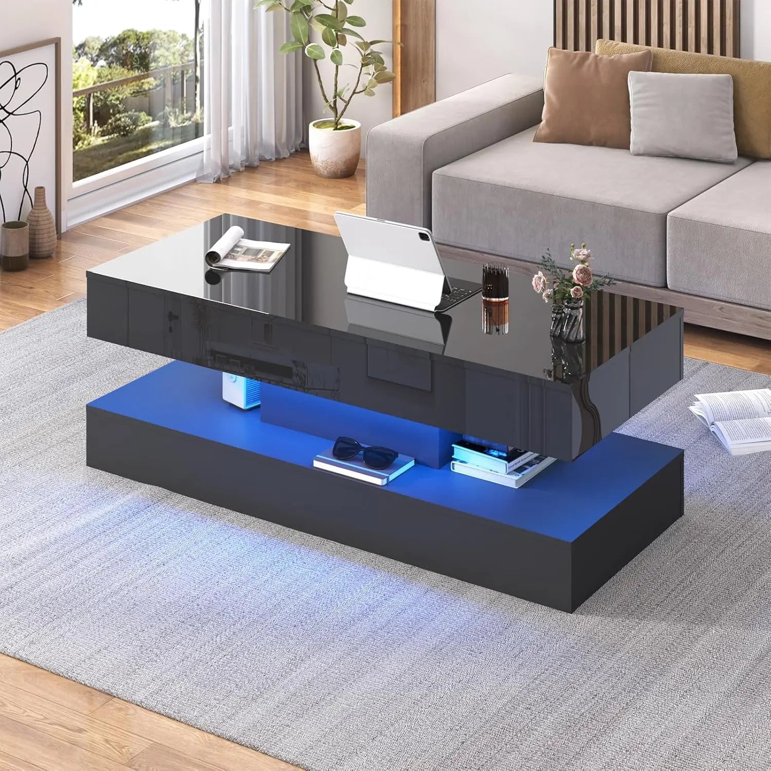 Modern Coffee Table, LED lights, Double-Layer Design