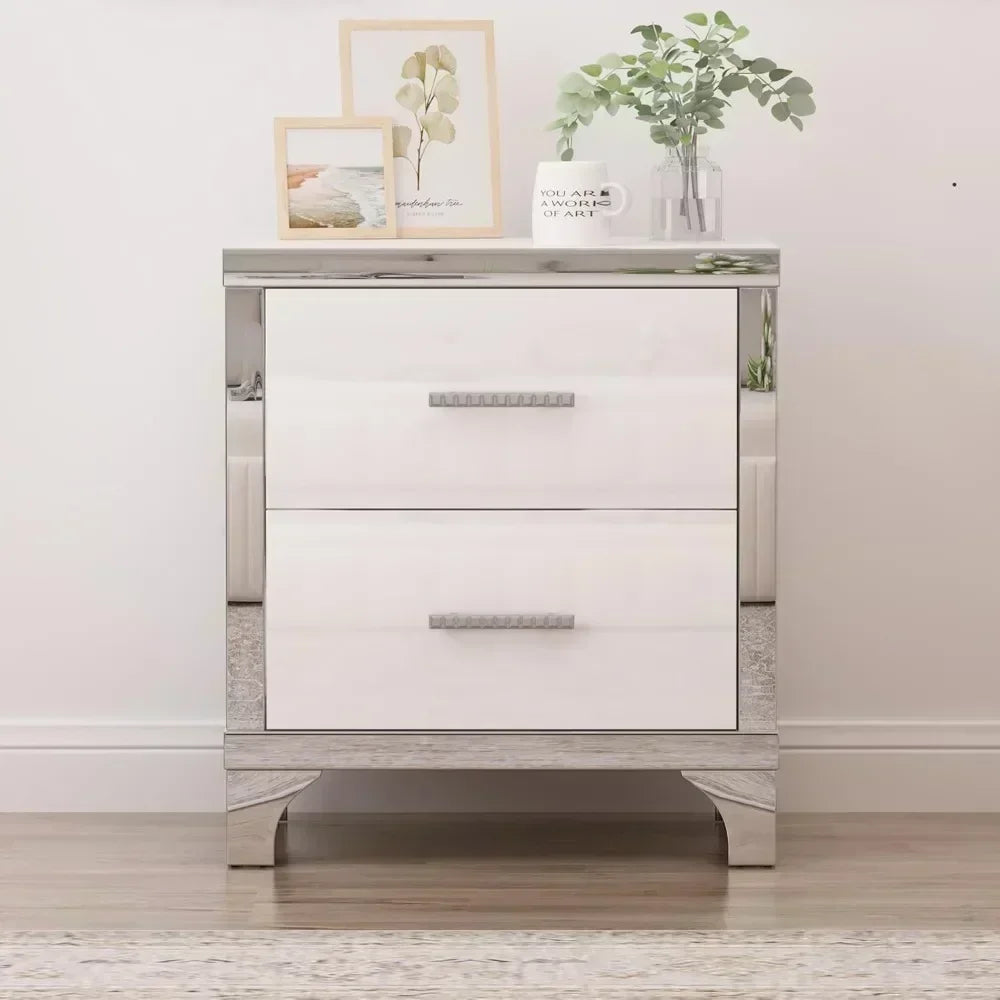 White High Gloss 2-Drawer Mirrored Nightstand