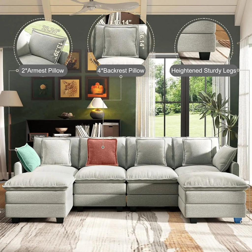 U Shaped Modular Sectional Sofa Deep Seat 4 Seat with 6 Washable Pillows