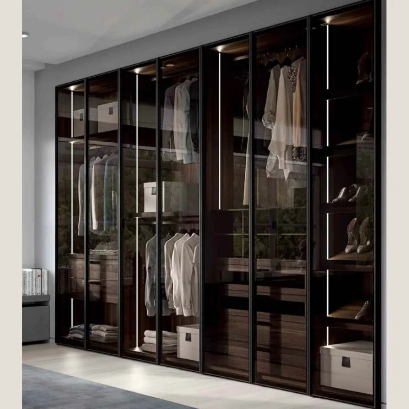 Modern Walk in Closet Designs Glass Door Bedroom Furniture with LED Storage Drawers Glass Wardrobes