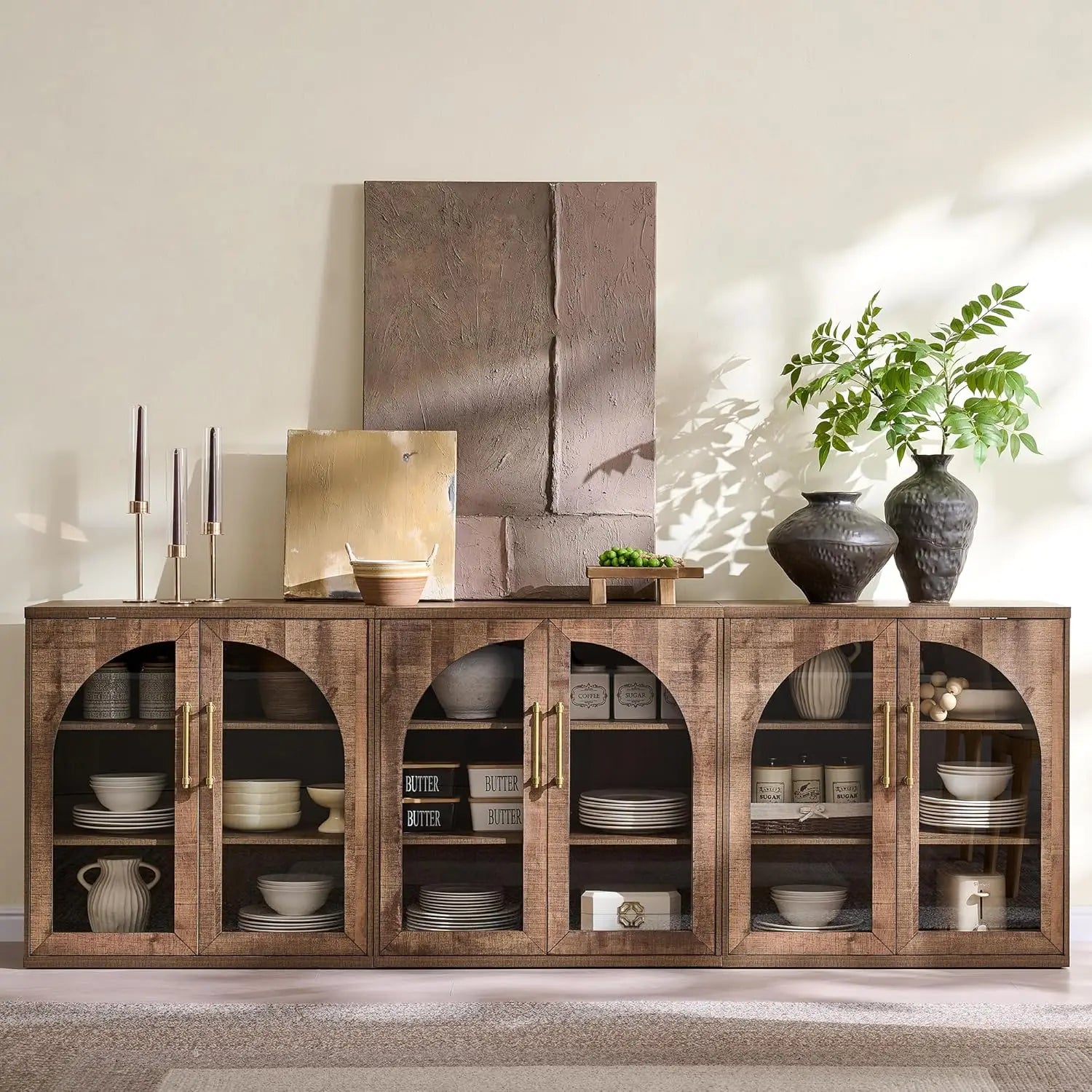 Fluted Arched Door Sideboard Set of 3, Accent Cabinet with Adjustable Shelf, Wood Storage for Dining & Living Room, Customized