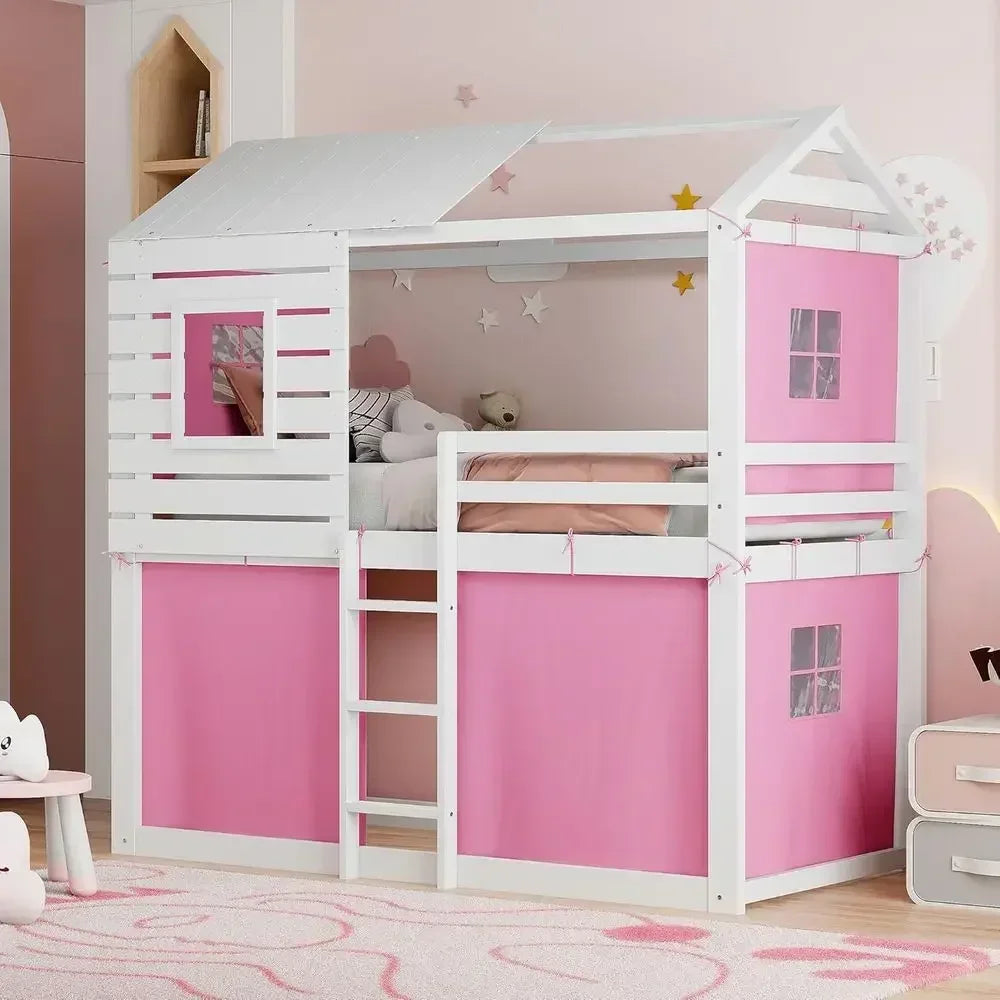 Twin Size Bunk Bed with Tent and Windows,