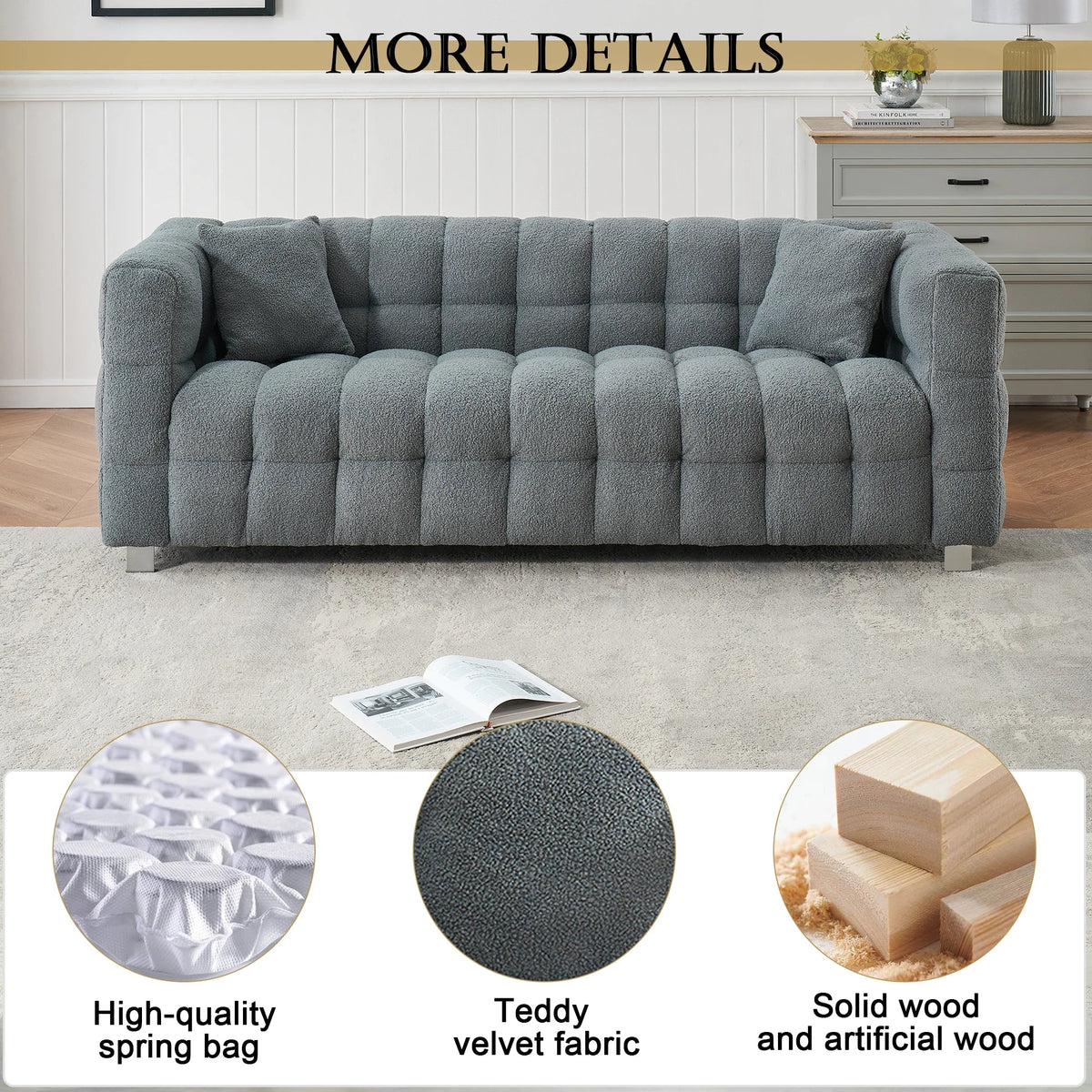 80-Inch Modern Teddy Fleece Sofa, With 2 Cushions 3-Seater