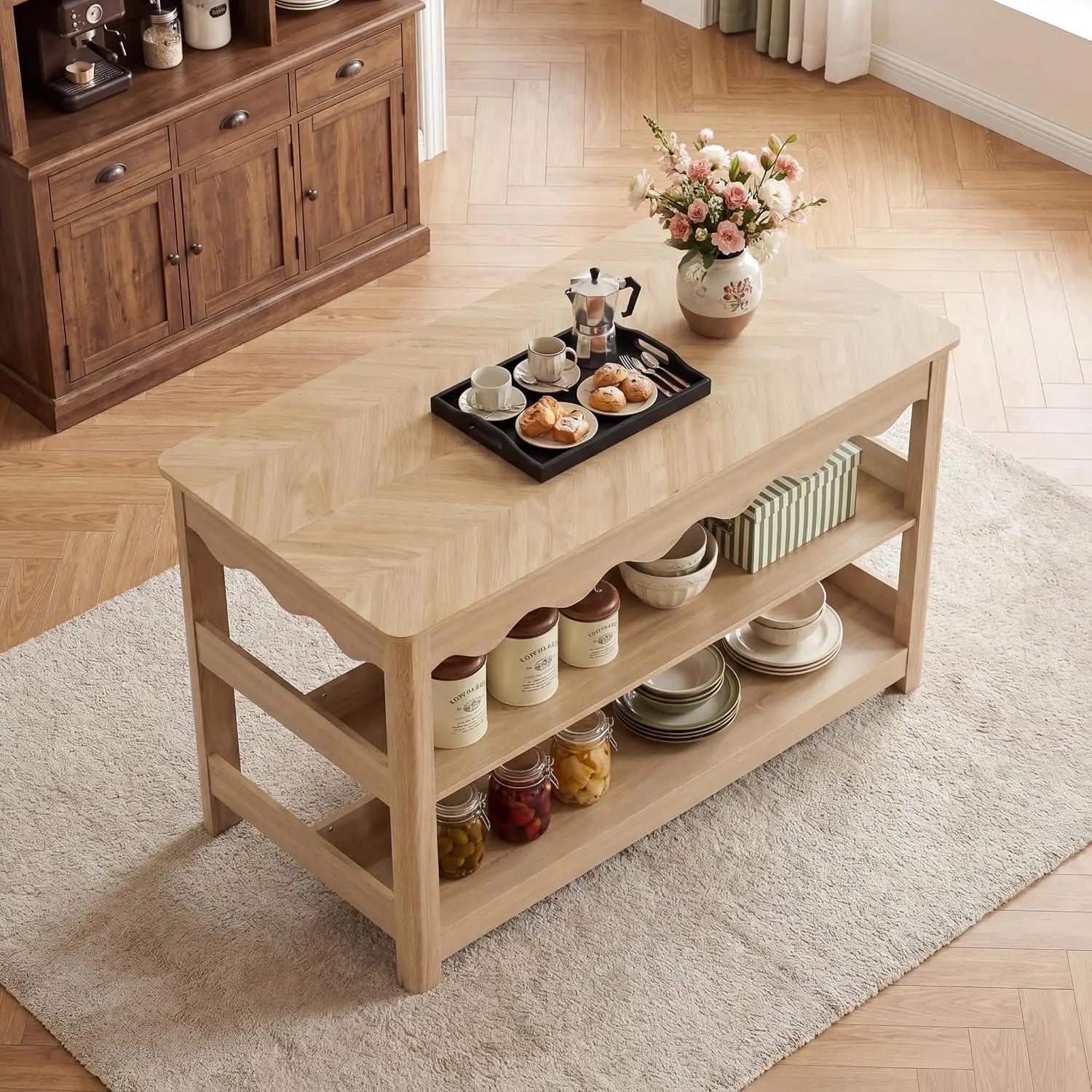 Large Farmhouse Kitchen Island Table With Storage And Seating Space, Three Tier Wooden Food Prep Station Counter With Spacious Worktop And Leg Room, Modern Coffee Bar Utility Shelf Rack, Light Oak