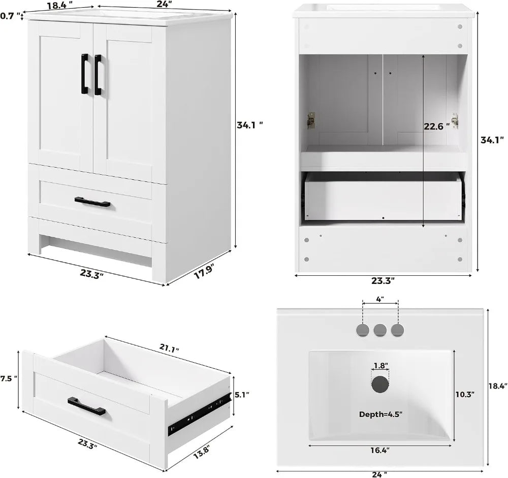 24" Bathroom Vanity with Sink, Freestanding Cabinet