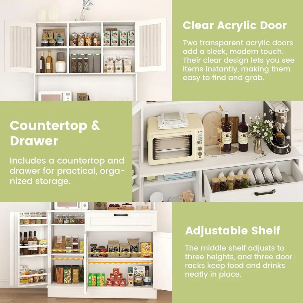 White Kitchen Storage Cabinet with 4 Doors & Adjustable Shelves