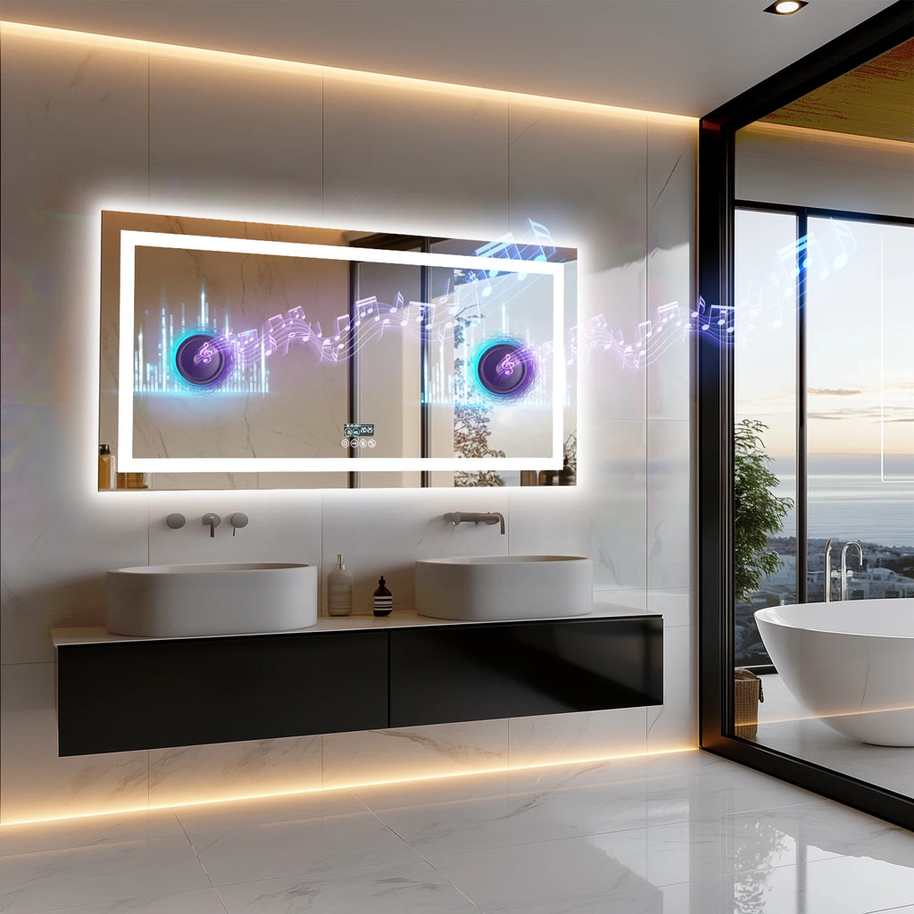 Bathroom Mirror with Dual Lights, Anti-Fog, Bluetooth Speaker Dimmable