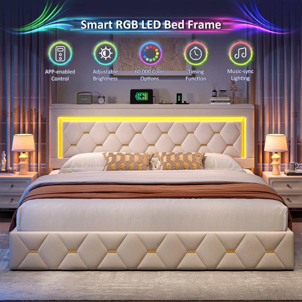 LED Bed Frame with 4 Storage Drawers Platform Bed