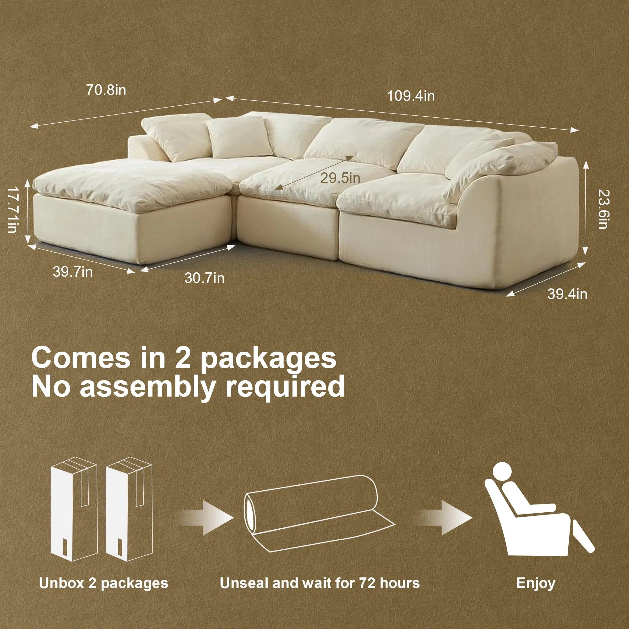 Modern Cloud L-Shaped 3-Seater Oversized Deep Seat Chenille Fabric Sofa with Ottoman
