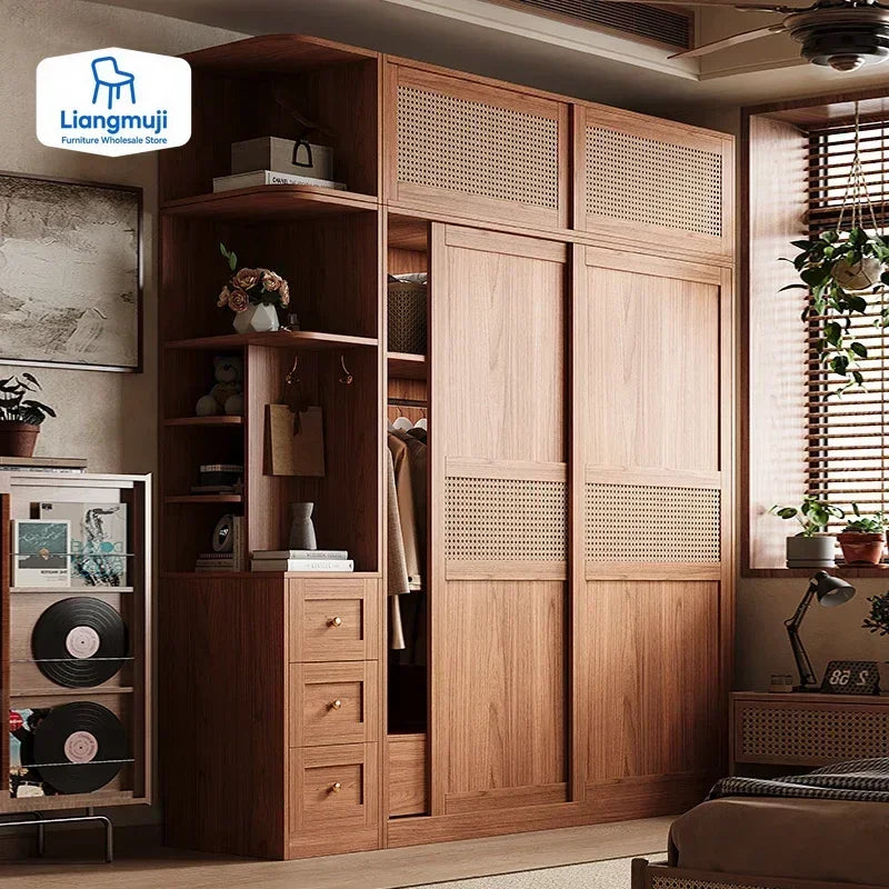 Rattan Armoire Nordic Sliding Door Large Drawers Storage Closet