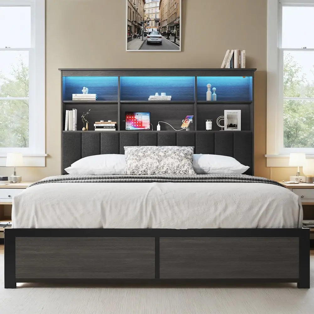 Queen Bed Frame with Storage Headboard, Wooden Bed with High Storage Bookcase, Ship in 2 Boxes, 4 Drawers amp LED amp Charging