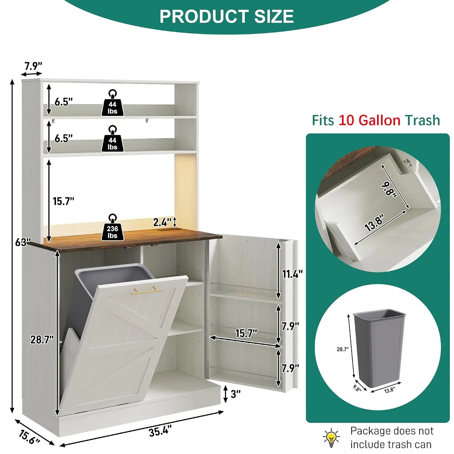63" H Pantry Cabinets with 10 Gallon Trash Can,Led Light,Outlet,35" W Kitchen Hutch with Tilt Out Trash Can, Customized