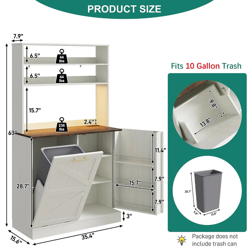 63" H Pantry Cabinets with 10 Gallon Trash Can,Led Light,Outlet,35" W Kitchen Hutch with Tilt Out Trash Can, Customized