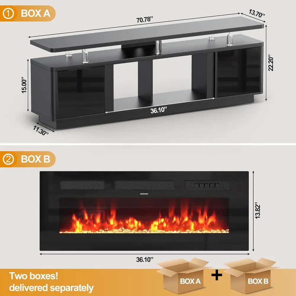70 White TV Stand for Living Room, Electric Fireplace Entertainment Center with Dual LED Lights and Storage Cabinet, Supports TV