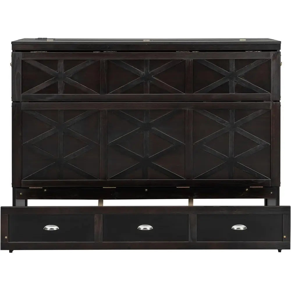 Wooden Queen-Size Murphy Bed with Large Drawers and USB Ports, Brushed Finish