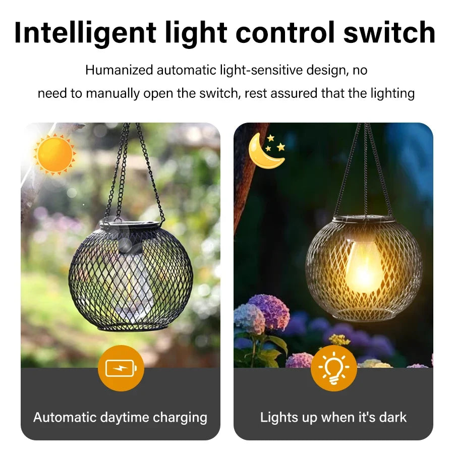 Solar Iron Lantern Led Solar Lights Waterproof Decorative Hanging Lights for Tree, Patio