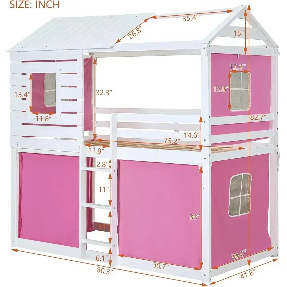 Twin Size Bunk Bed with Tent and Windows,