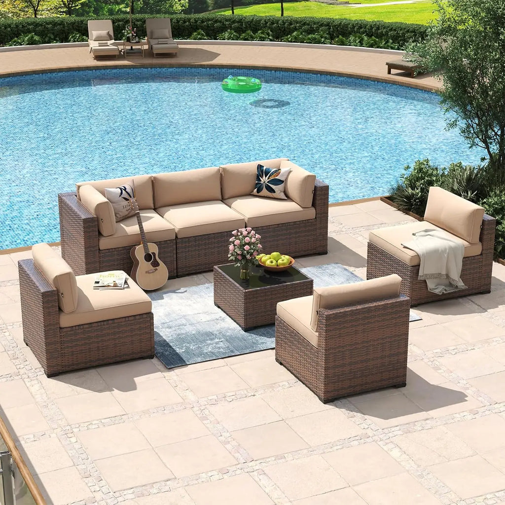 7 Piece Patio Set Wicker Rattan Sectional Sofa Set with Coffee Table
