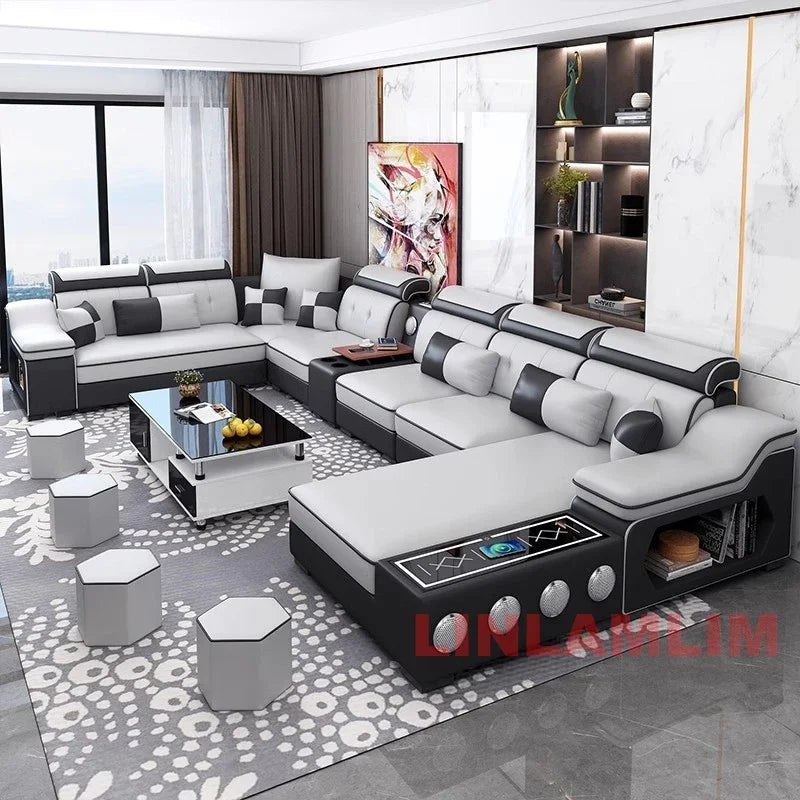 Modern Scientific Fabric Sectional Sofa Set Chaise Lounge, Bluetooth Speakers, USB Charging Ports