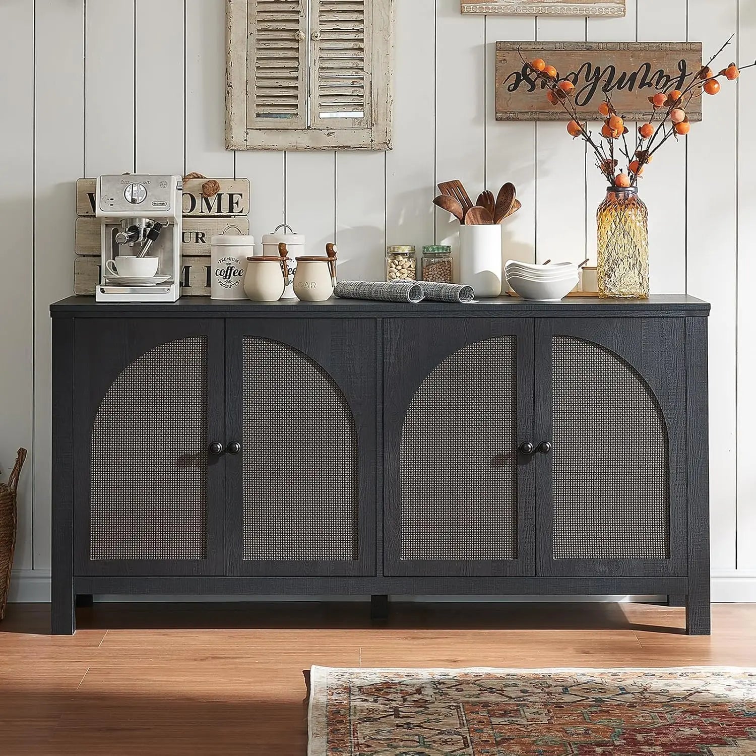 Black Rattan Sideboard Buffet Cabinet With Storage