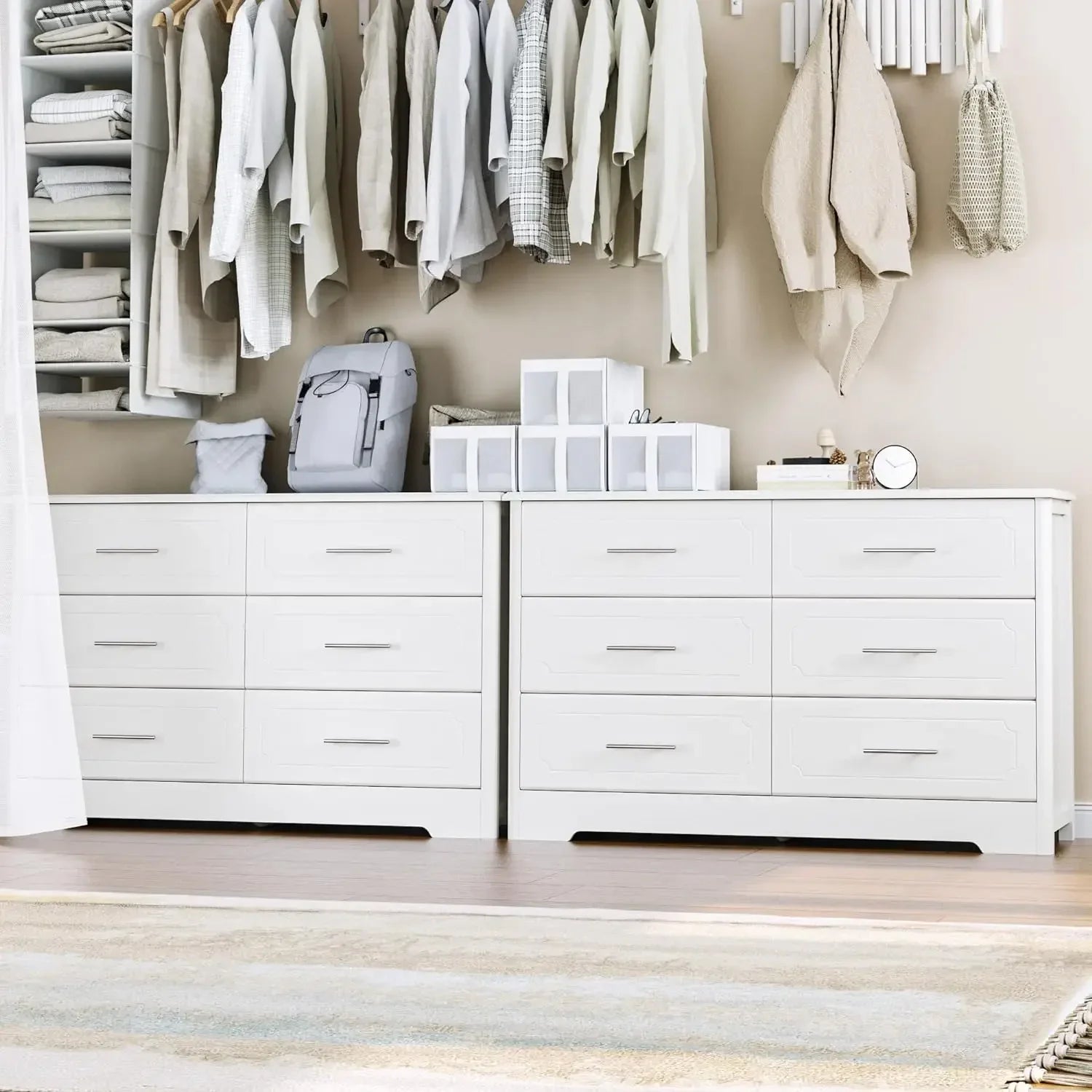 Furniture 6 Drawer Dresser, Modern White Wide Chest of Drawers with Metal Handels