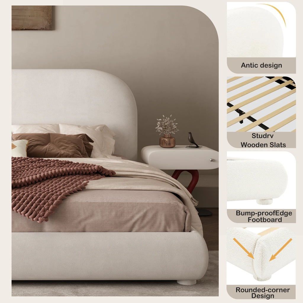Queen Size Boucle Bed Frame, Upholstered Cloud Bed Frame with Headboard, Soft Platform Bed Frame with Thickened Footboard, Rounded Corners, No Box Spring Required
