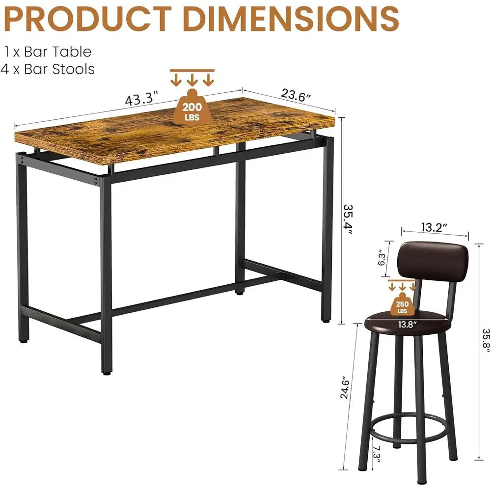 Industrial-Style Counter Height Bar Table Set with 4 Leatherette Stool Chairs, Ideal for Small Spaces