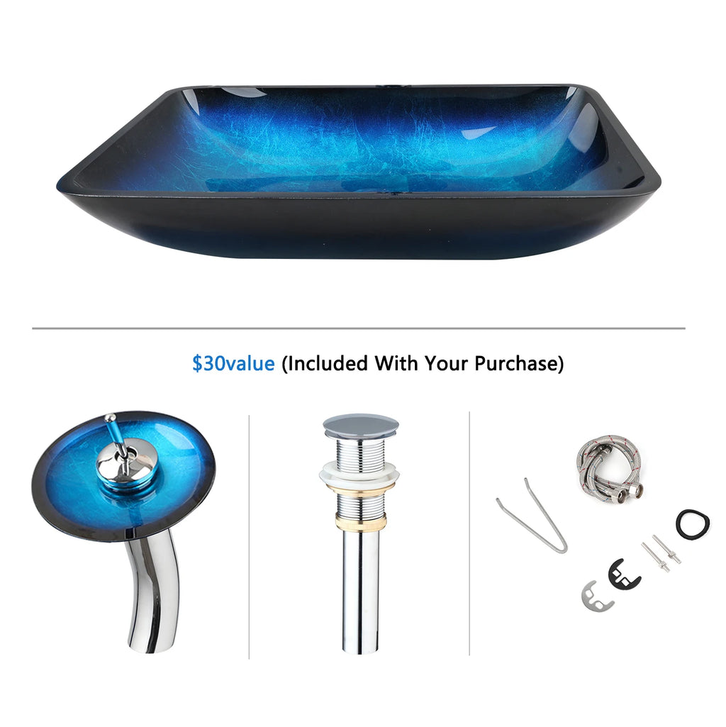 KEMAIDI Big Tempered Glass Basin Sink Washbasin Bathroom Vessel Sinks Counter Top Bowl Washroom Vessel Vanity Sink Faucet Set