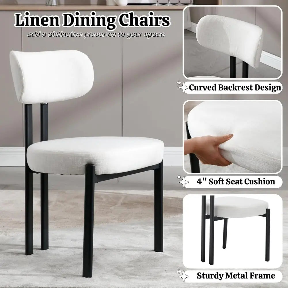 Linen Fabric Dining Chairs Set of 2 with Black Metal Legs