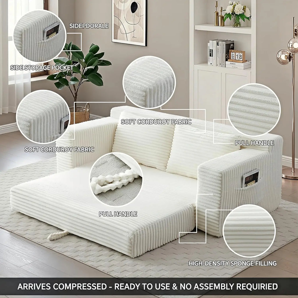 73" Convertible Sleeper Sofa, Comfy Corduroy Foldable Sofa Bed with 2 Pillows