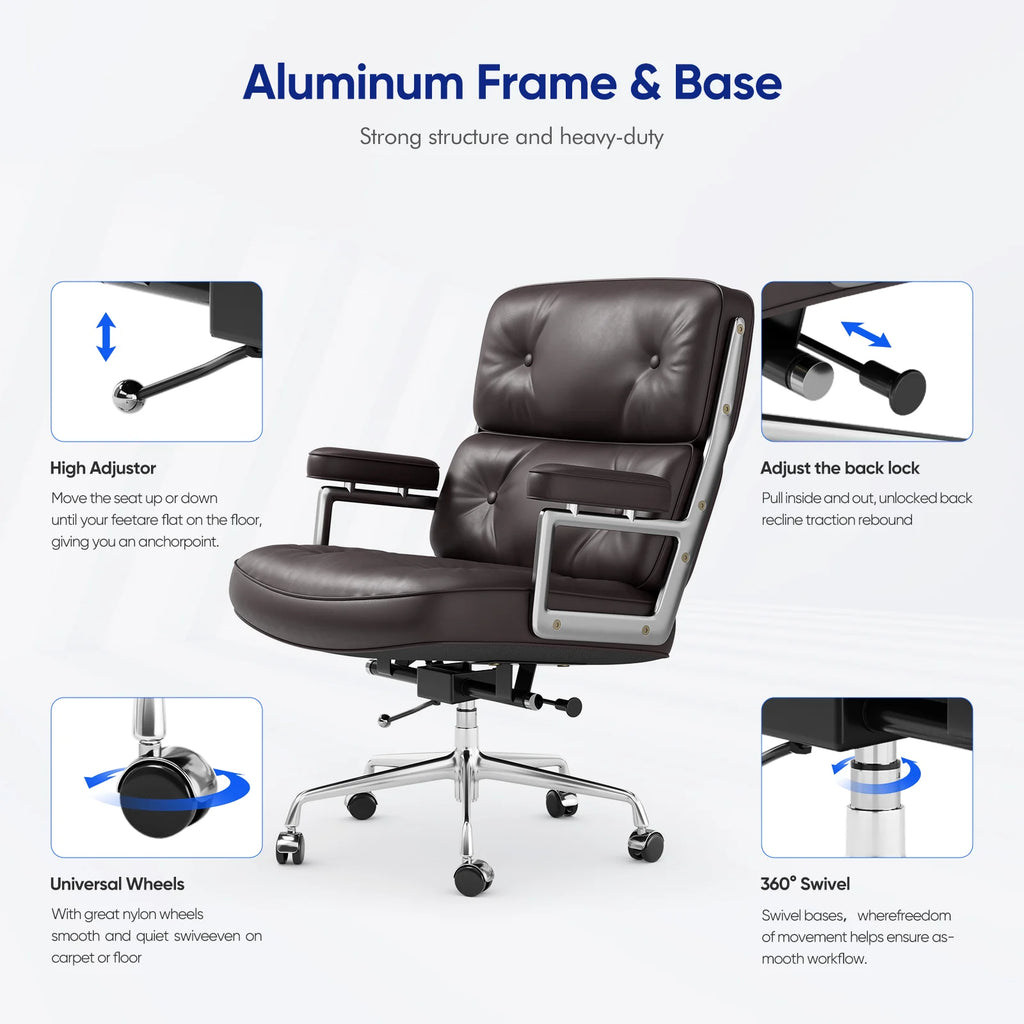 Ergonomic Office Chair Genuine Leather with Aluminum Arms and Wheels