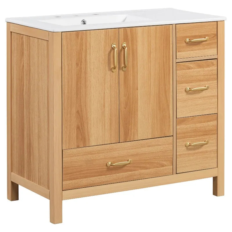 Wood Bathroom Vanity with Solid Wood Frame, 2 Soft Close Doors, 4Soft Close Drawers,