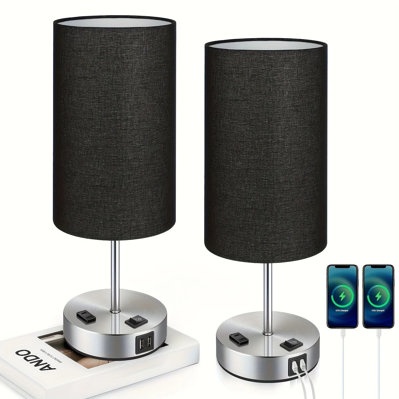 Dimmable Table Lamps with USB Charging Ports And AC Outlet
