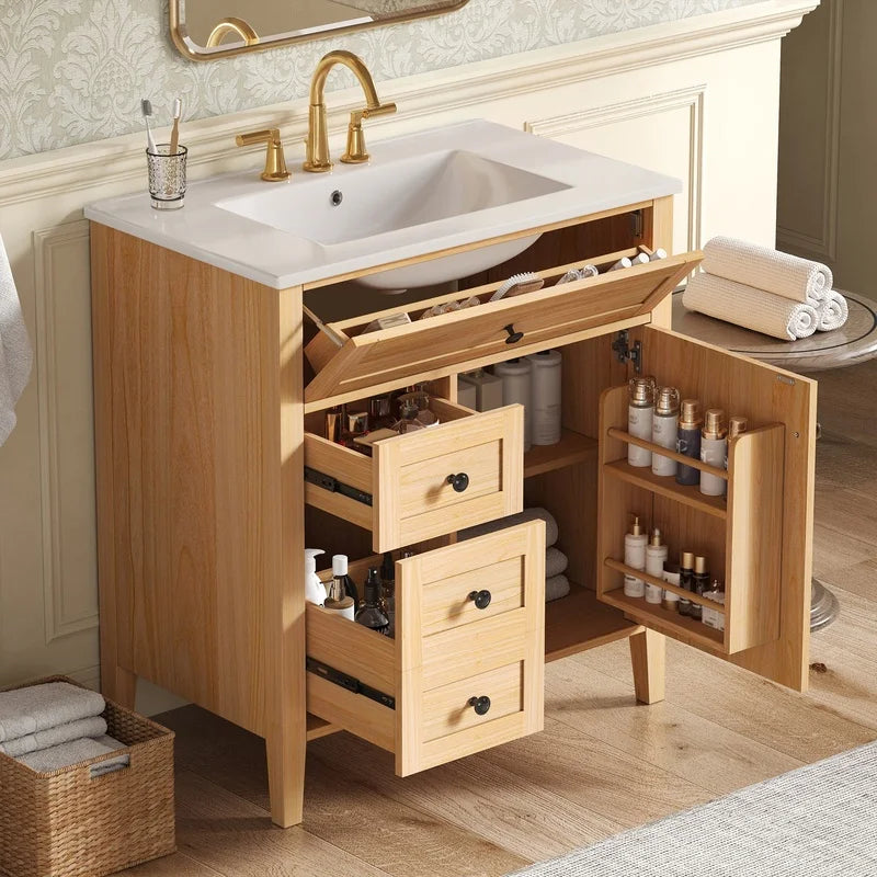 30" Natural Wood Grain Bathroom Vanity with Ceramic Sink