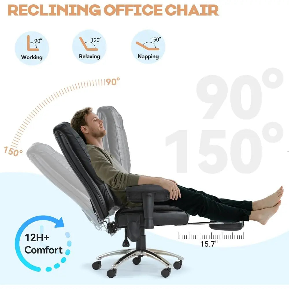 High-Back Leather Desk Chair with Recline, Lumbar Support, and Heating Massage for Home or Office, Black