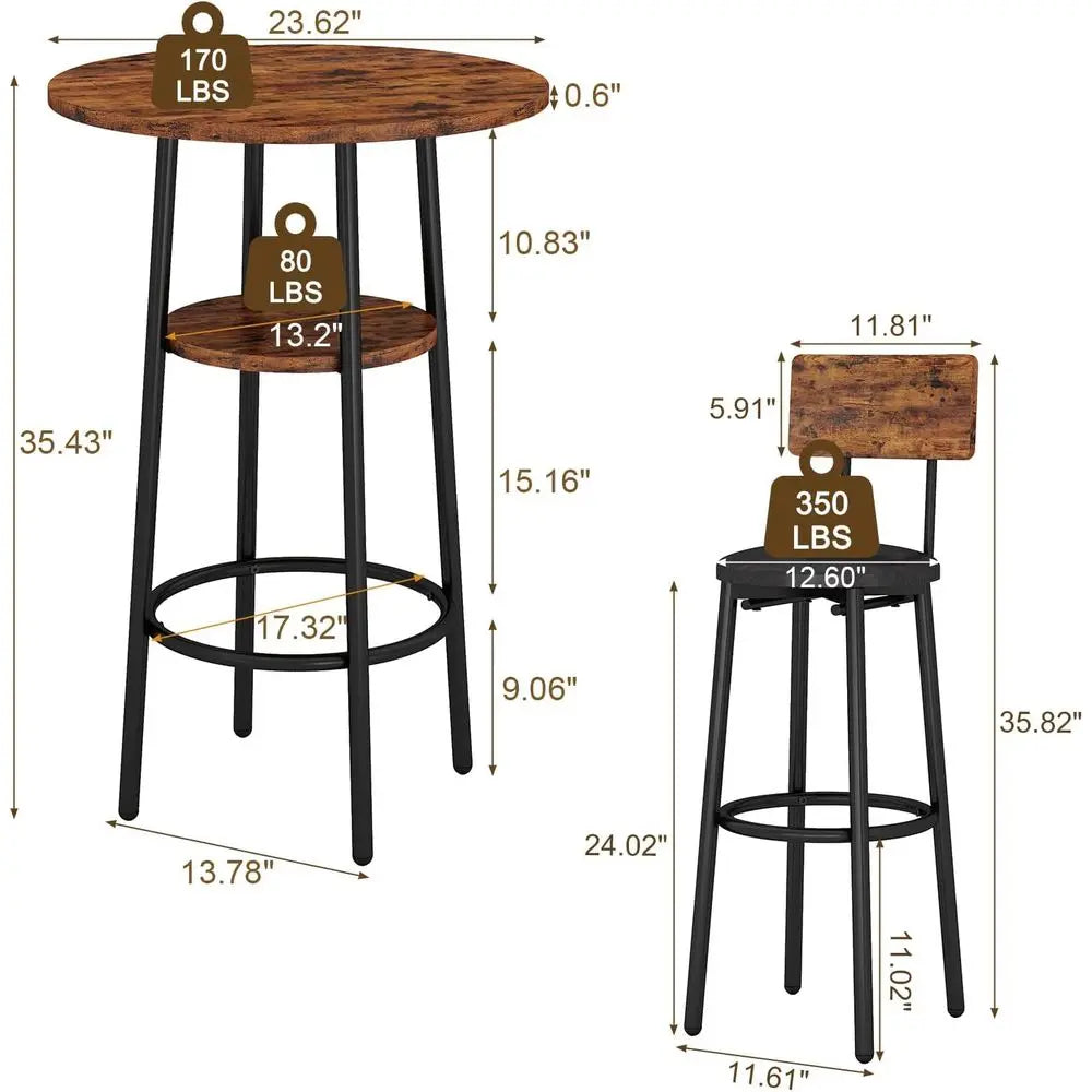 3-Piece Bar Table Set or 2, Small 2-Tier Round Bistro Pub Dining Table & PU Upholstered Stools with Backrest, Counter Height Tab