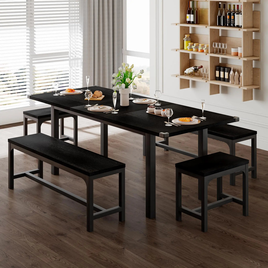 5 Piece Dining Table Set For 4 To 8 People With 2 Benches And 2 Square Stools