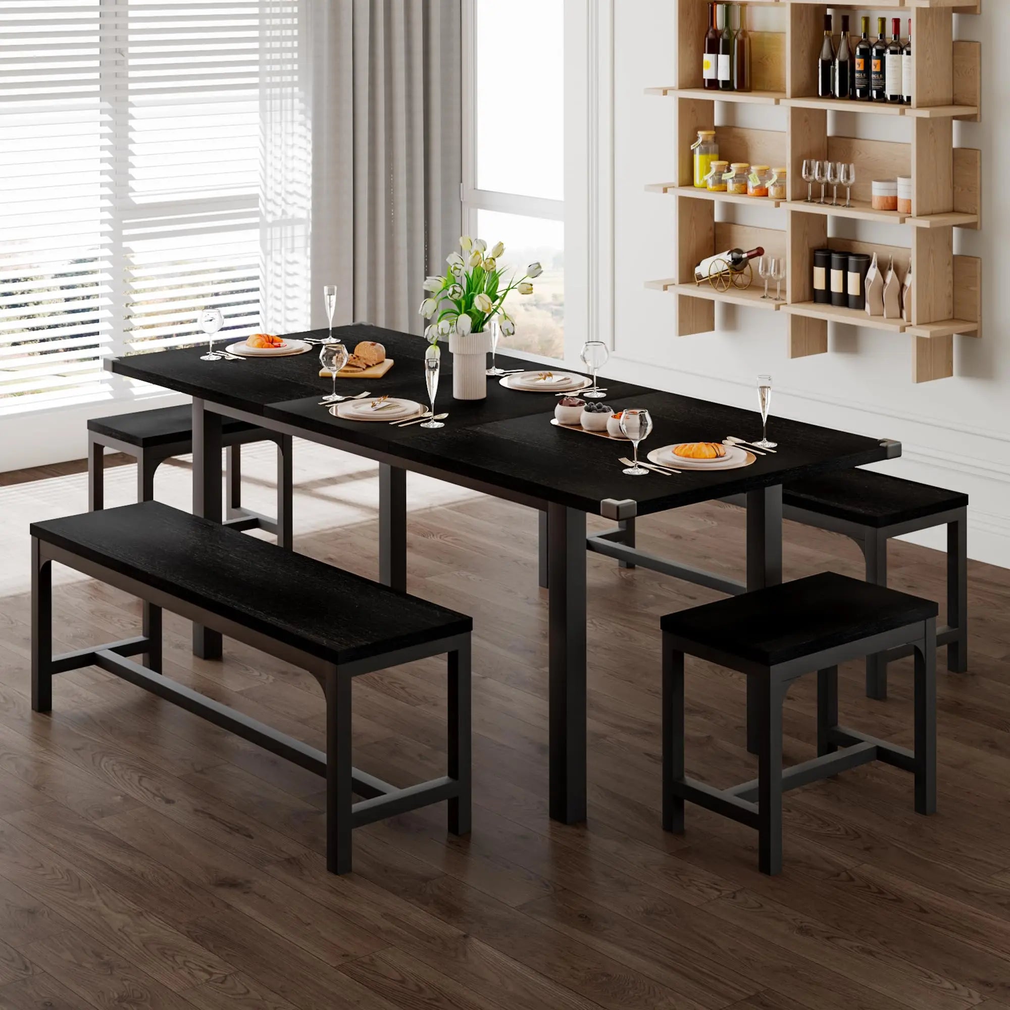5 Piece Dining Table Set For 4 To 8 People With 2 Benches And 2 Square Stools
