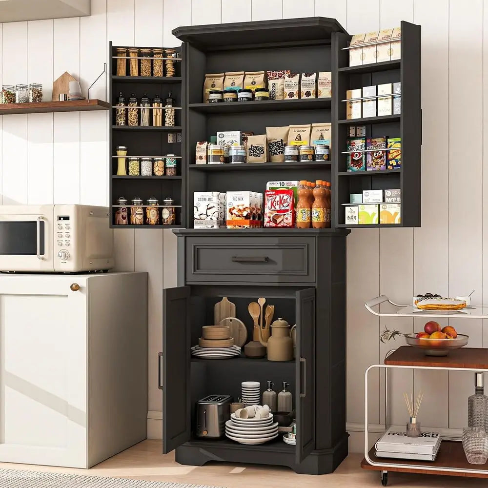 72-inch Tall Freestanding Wood Kitchen Pantry Cabinet with 4 Doors, Hutch, Spice Racks, and Adjustable Shelves for Kitchen and D